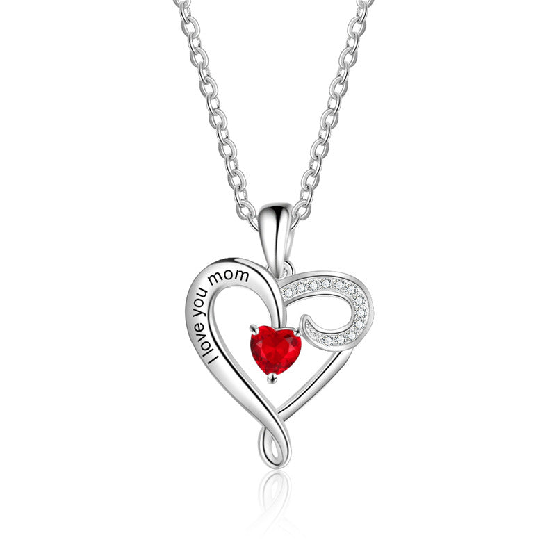 Sterling Silver Love You Mom Heart Birthstone Necklace