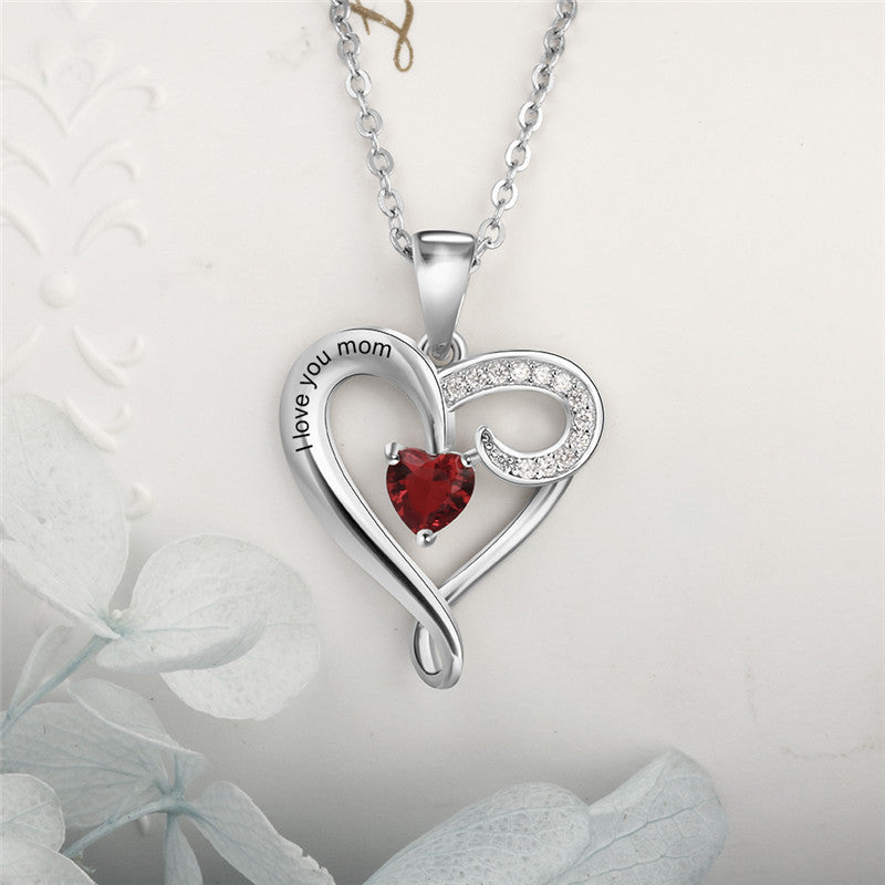 Sterling Silver Love You Mom Heart Birthstone Necklace