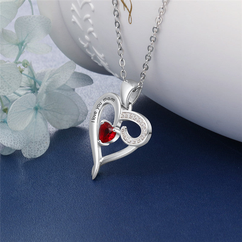 Sterling Silver Love You Mom Heart Birthstone Necklace