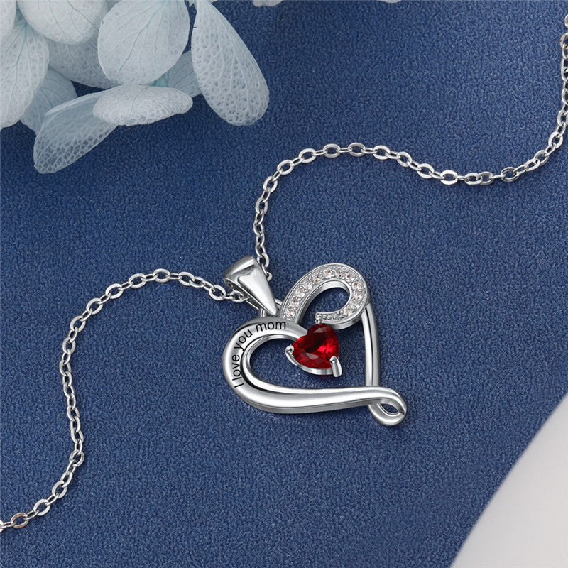 Sterling Silver Love You Mom Heart Birthstone Necklace
