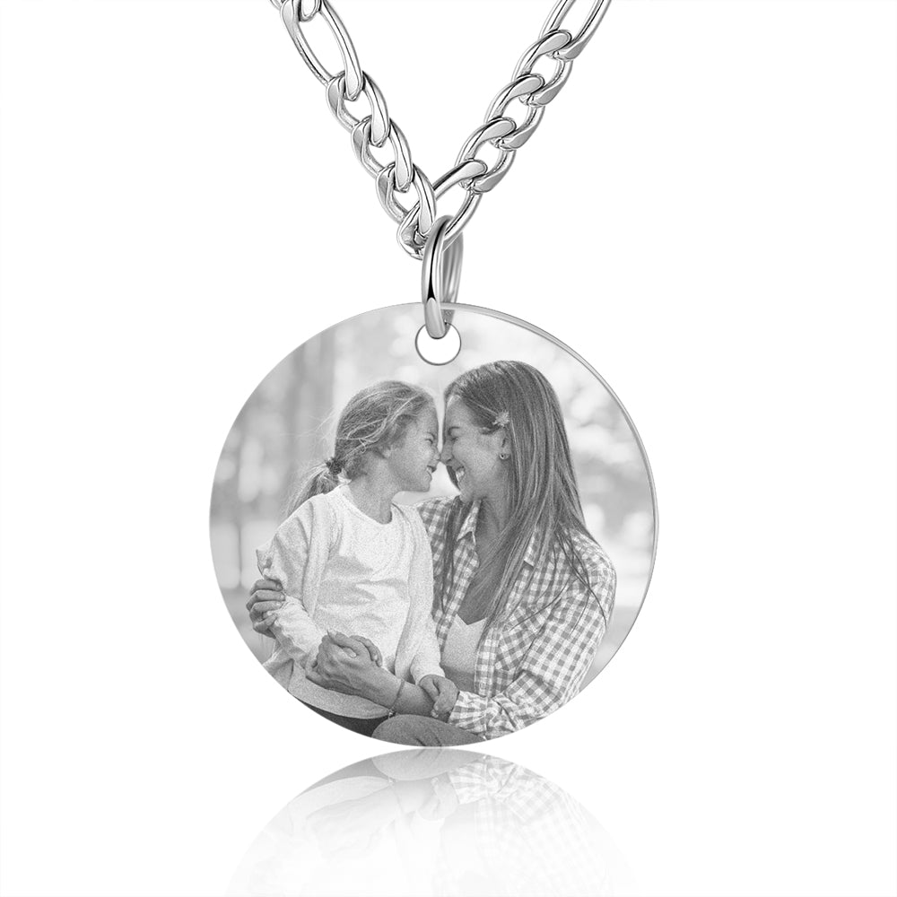 Round Photo Disc Necklace with Name and Birth Flower