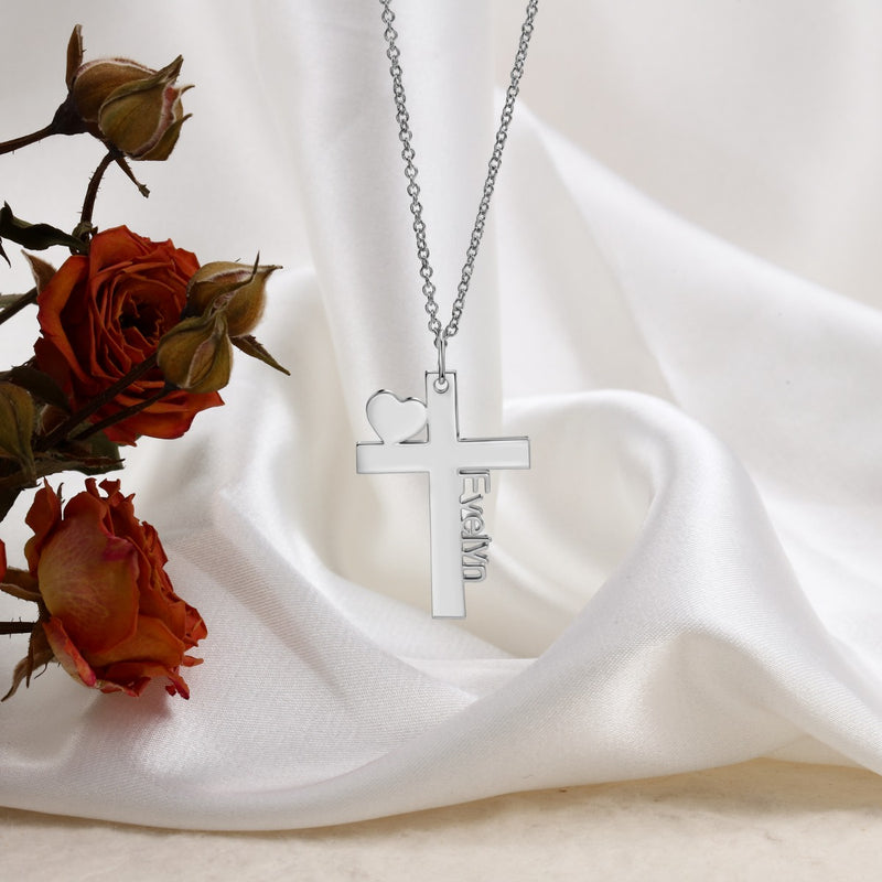 Cross Pendant Name Necklace with Heart