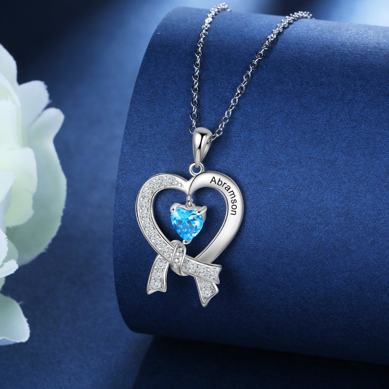 Birthstone Heart Ribbon Name Necklace
