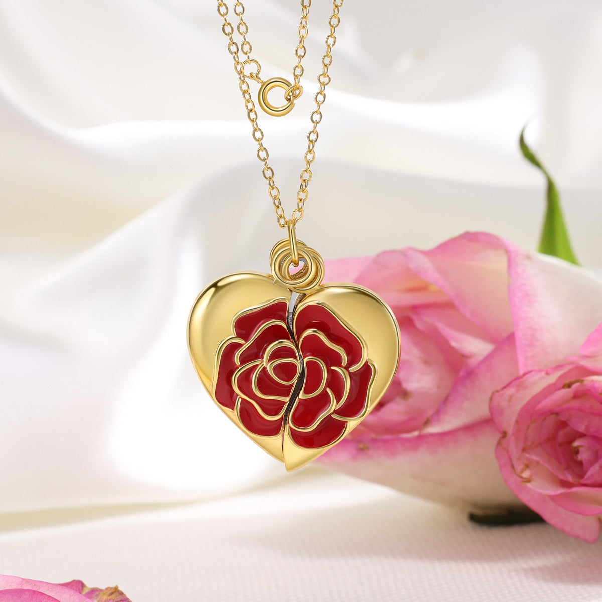 Red Rose Opening Heart Photo Necklace