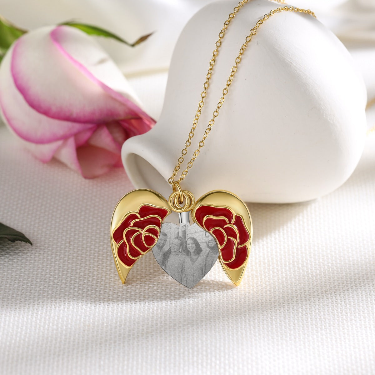 Red Rose Opening Heart Photo Necklace