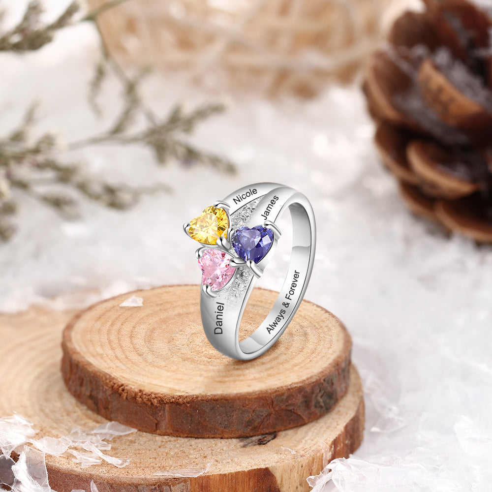 Birthstone & Engraved Rhodium Plated Ring