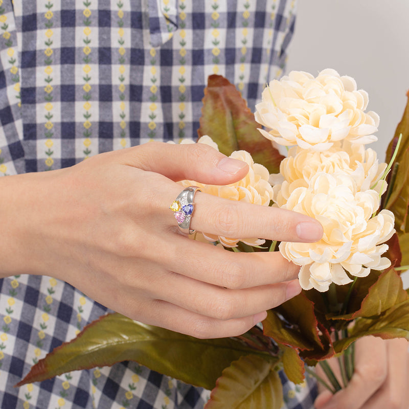 Birthstone & Engraved Rhodium Plated Ring