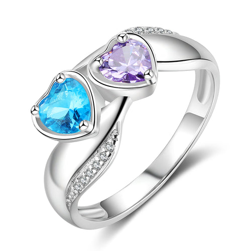 Sterling Silver Two Heart Birthstone Engraved Ring