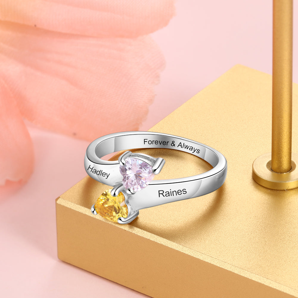 Two Birthstone & Engraved Sterling Silver Ring