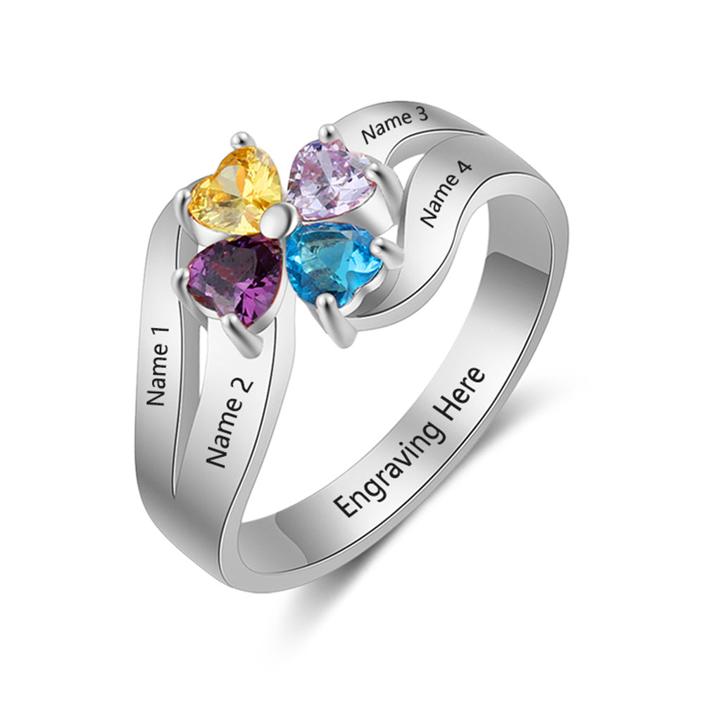 Sterling Silver Four Heart Birthstone Flower Ring