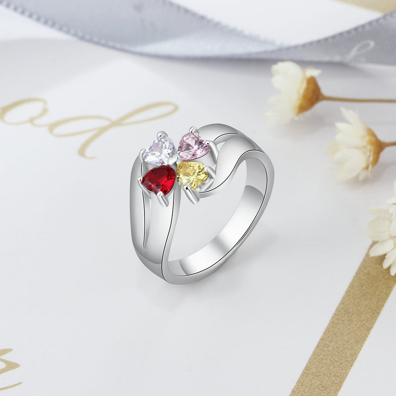Sterling Silver Four Heart Birthstone Flower Ring