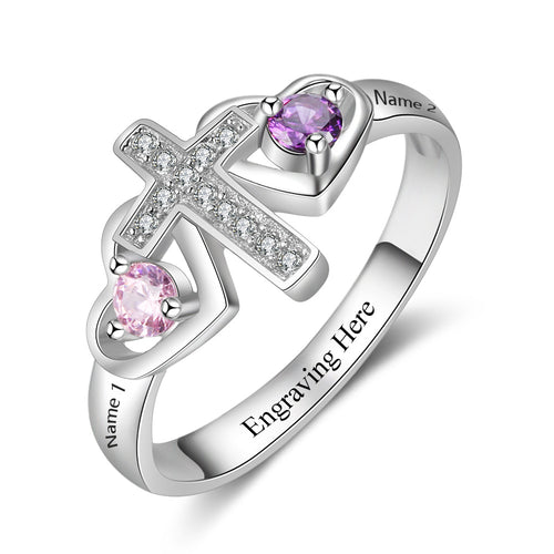 Sideways Cross Heart Birthstone Ring