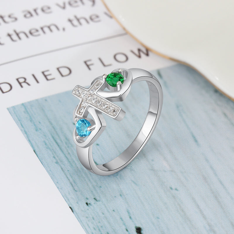 Sideways Cross Heart Birthstone Ring