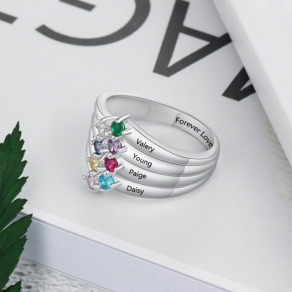Sterling Silver Stacked Band Birthstone Engraved Ring