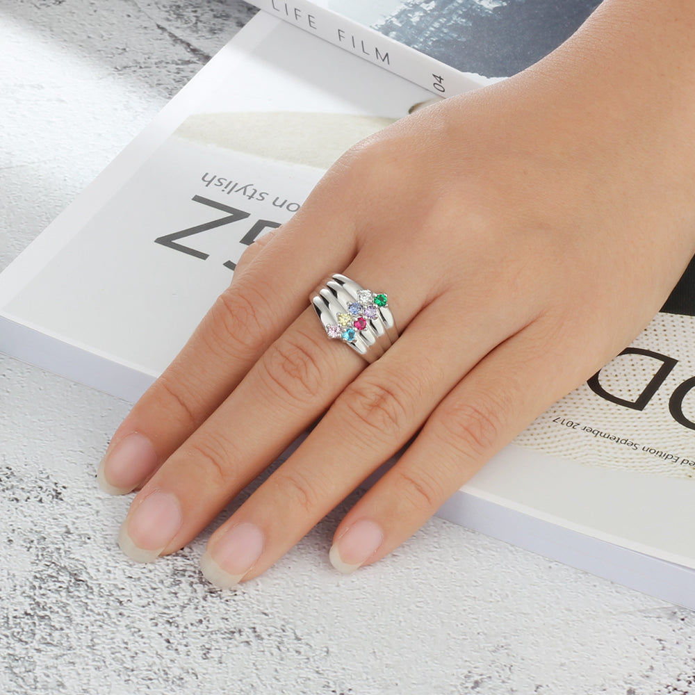 Sterling Silver Stacked Band Birthstone Engraved Ring