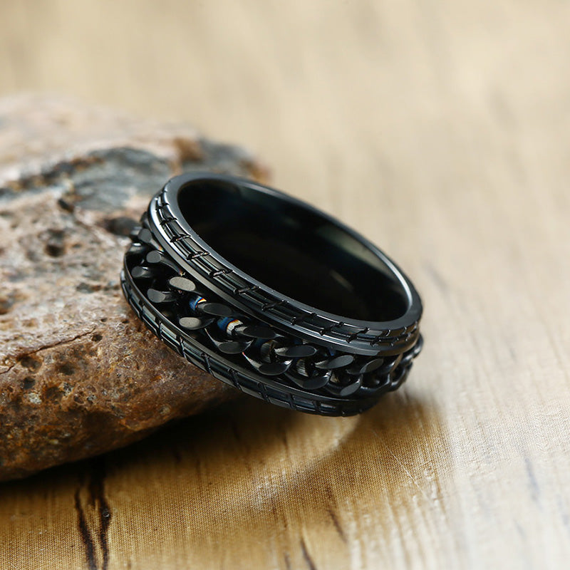 Men's Black Chain Spinner Engraved Ring