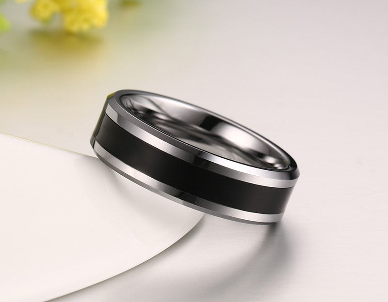 Men's Engraved Black Stripe Band Ring