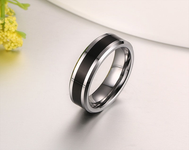 Men's Engraved Black Stripe Band Ring