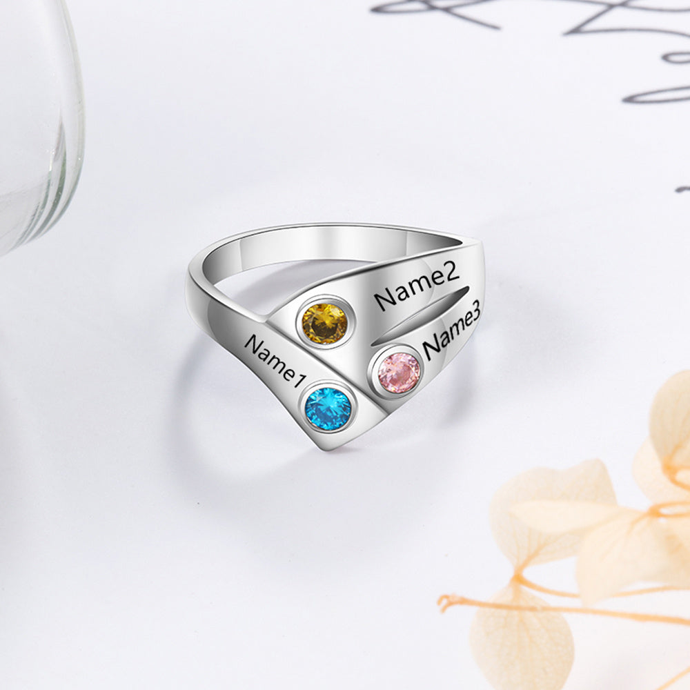 Sterling Silver Wave Three Birthstone Name Ring