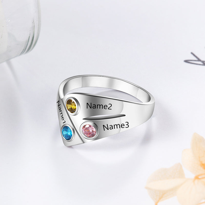 Sterling Silver Wave Three Birthstone Name Ring