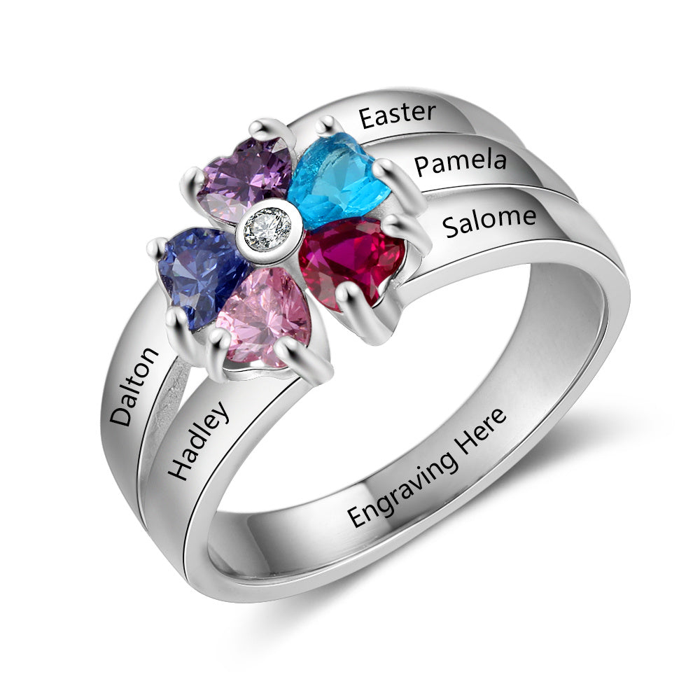 Sterling Silver Heart Petal Flower Family Ring