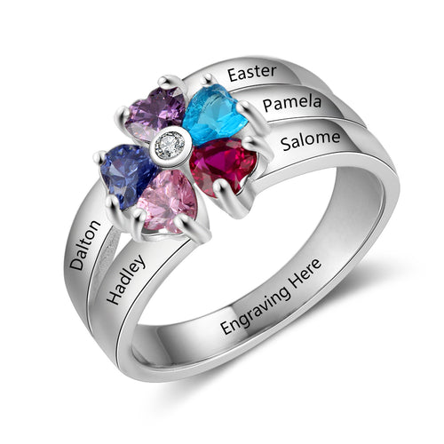 Sterling Silver Heart Petal Flower Family Ring