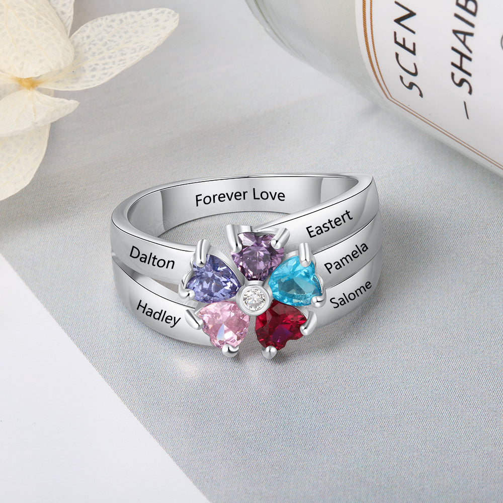 Sterling Silver Heart Petal Flower Family Ring