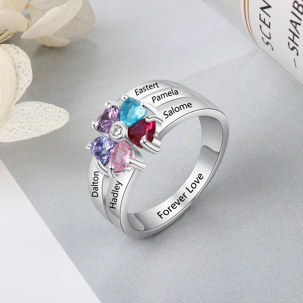 Sterling Silver Heart Petal Flower Family Ring