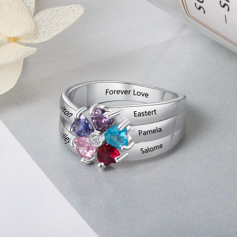 Sterling Silver Heart Petal Flower Family Ring