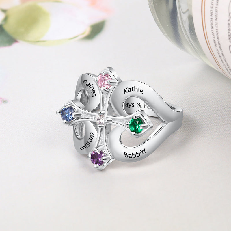 Sterling Silver Cross Four Name Birthstone Ring