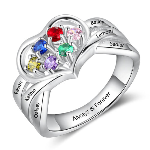 Sterling Silver Family Heart Birthstone Name Ring