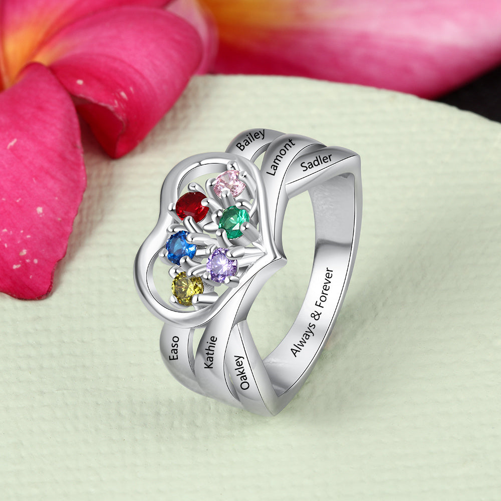Sterling Silver Family Heart Birthstone Name Ring