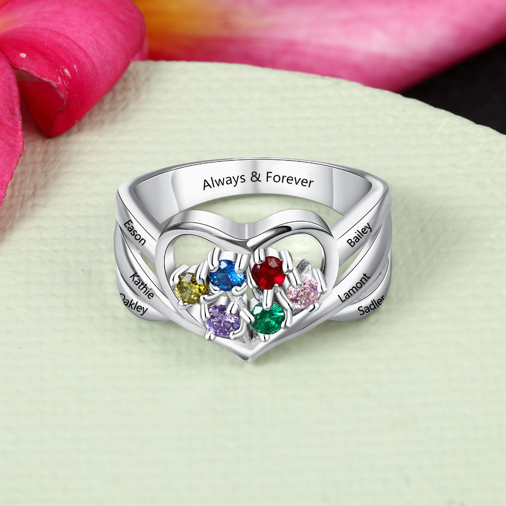 Sterling Silver Family Heart Birthstone Name Ring