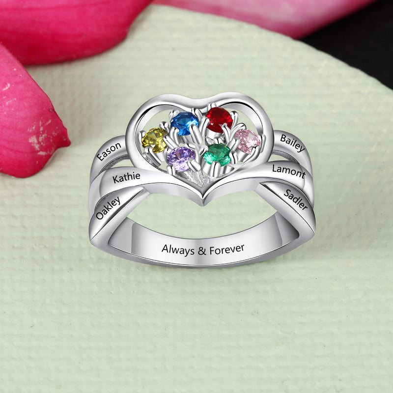 Sterling Silver Family Heart Birthstone Name Ring