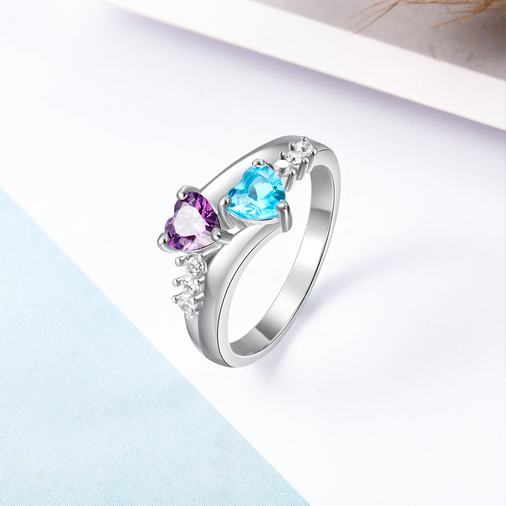 Sterling Silver Bypass Two Heart Birthstone Ring