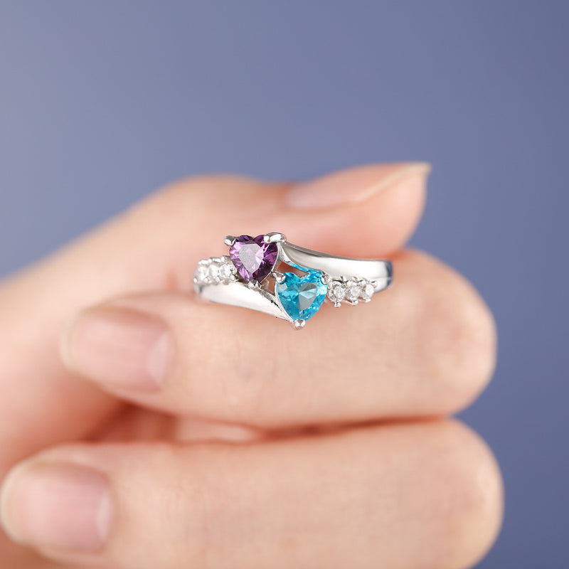 Sterling Silver Bypass Two Heart Birthstone Ring