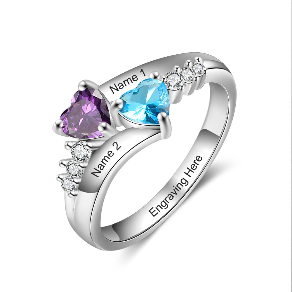 Sterling Silver Bypass Two Heart Birthstone Ring