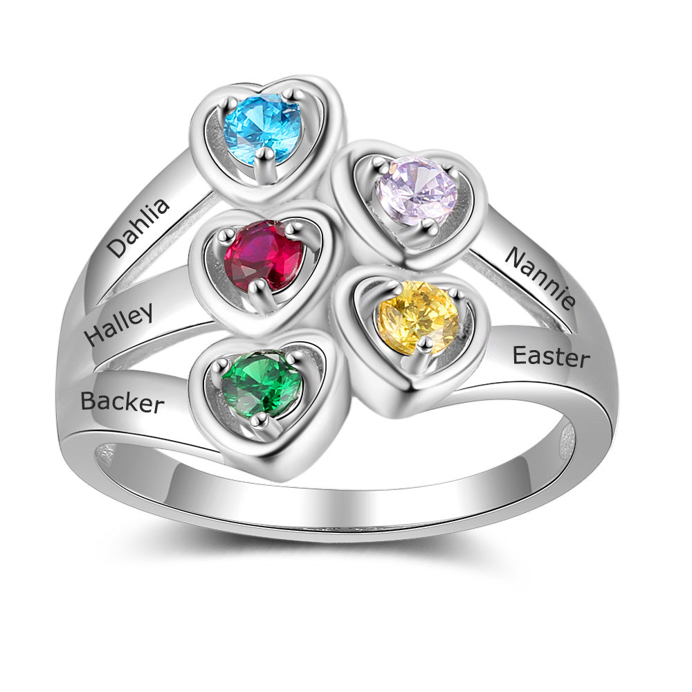 Sterling Silver Heart Cluster Family Birthstone Ring