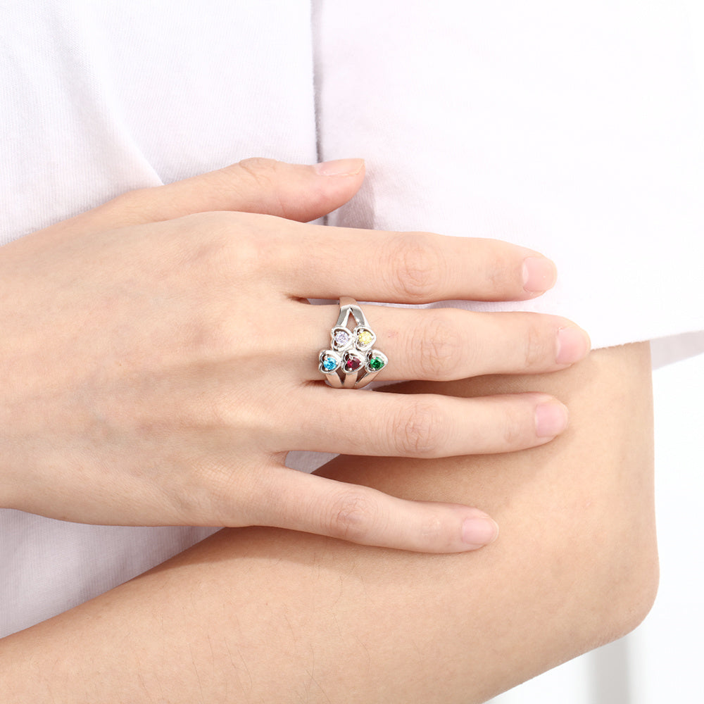 Sterling Silver Heart Cluster Family Birthstone Ring