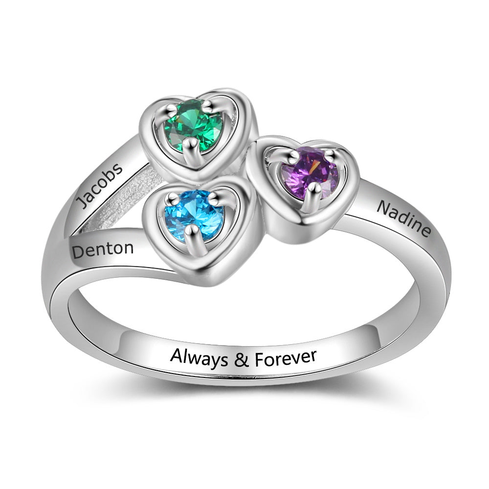 Sterling Silver Open Hearts Birthstone Ring