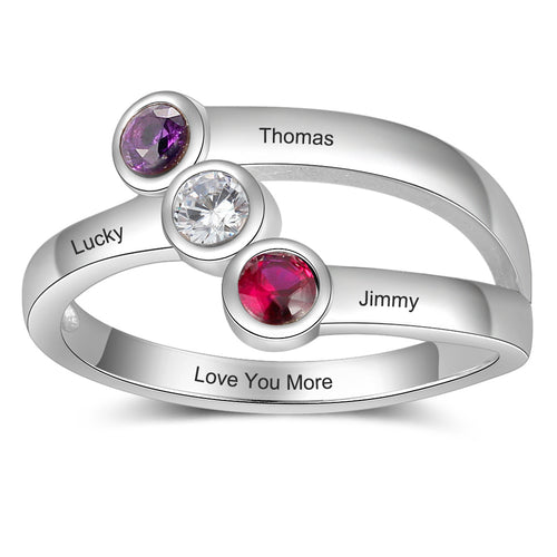 Sterling Silver Three Name Bypass Birthstone Ring