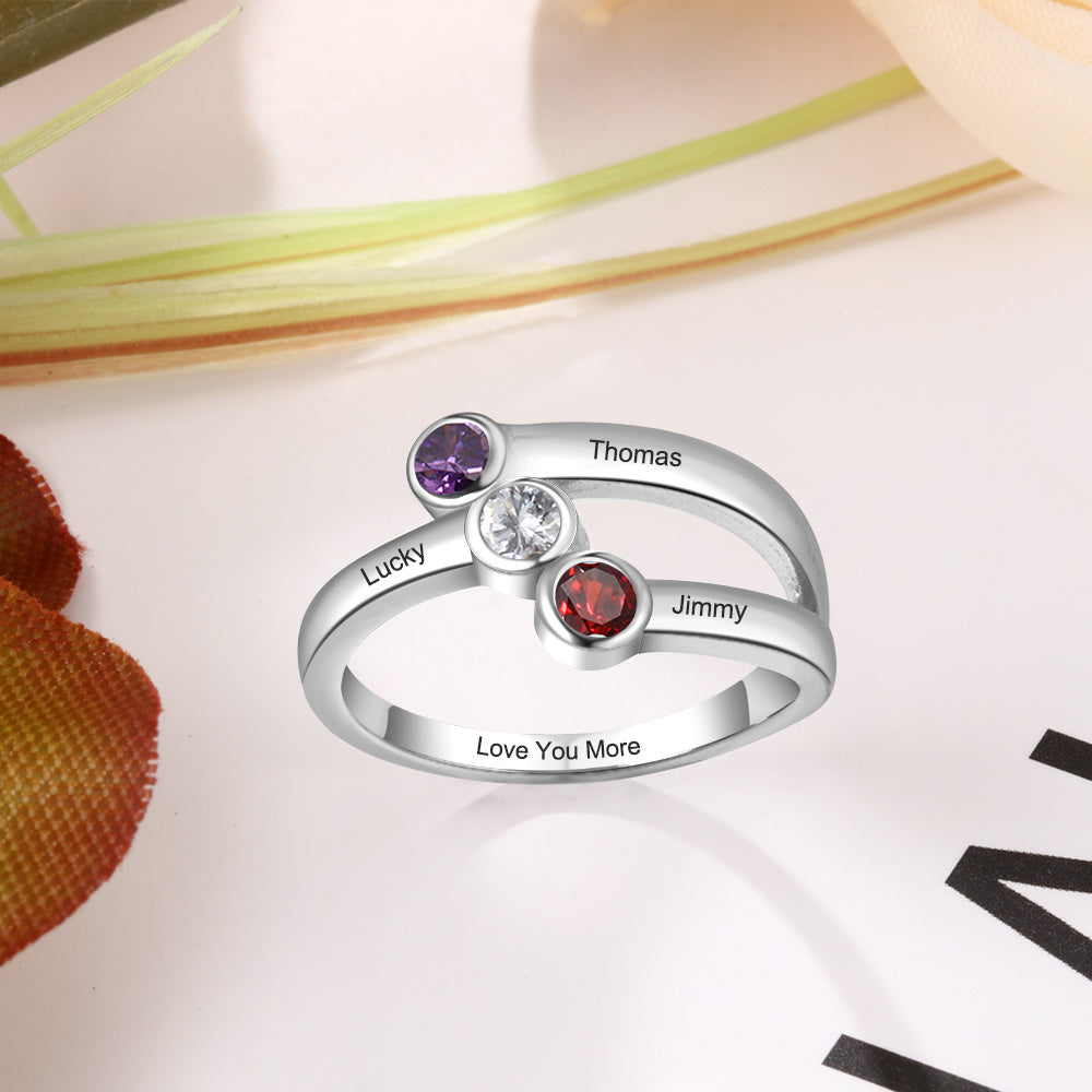 Sterling Silver Three Name Bypass Birthstone Ring