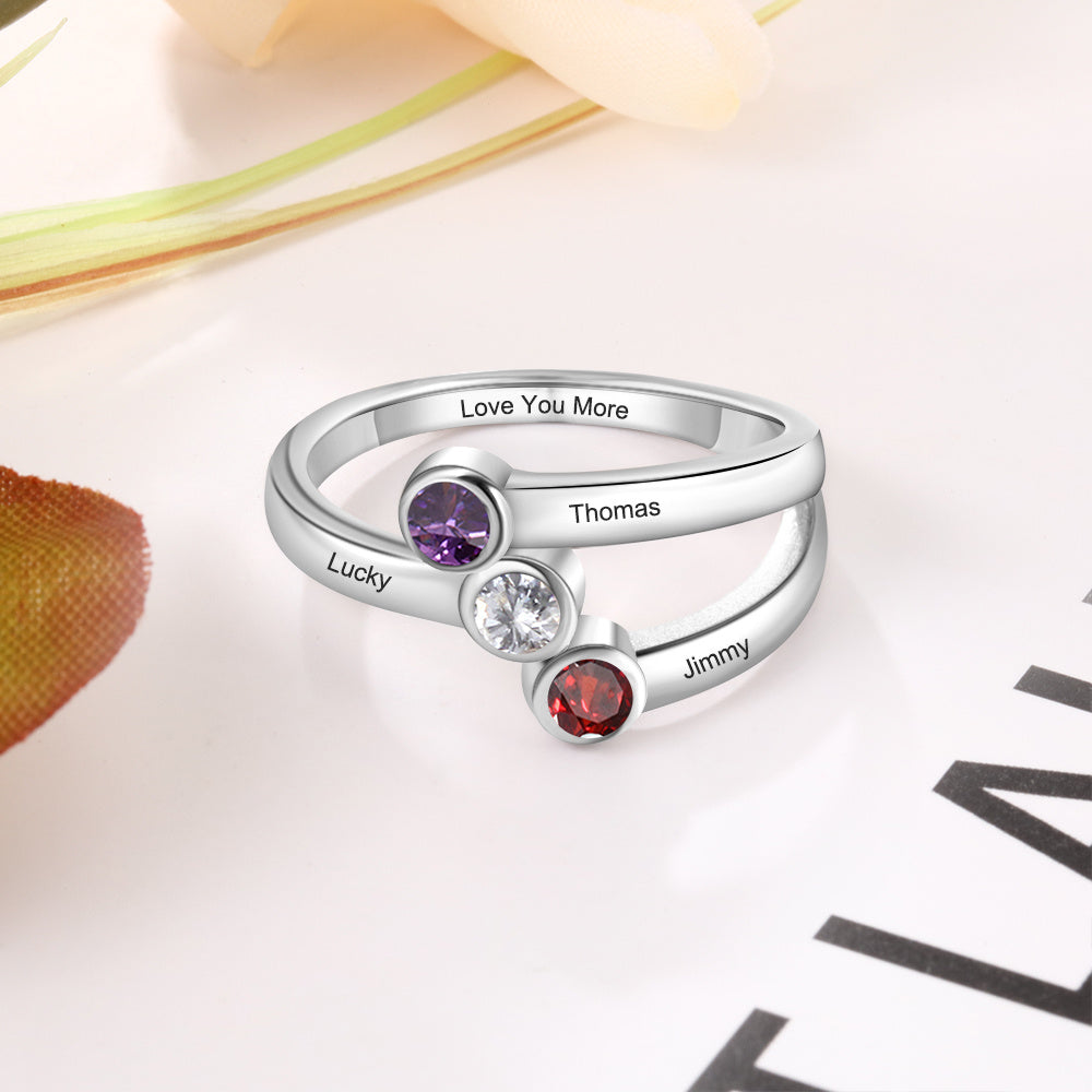 Sterling Silver Three Name Bypass Birthstone Ring