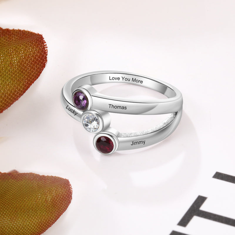 Sterling Silver Three Name Bypass Birthstone Ring