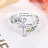 Sterling Silver Cross Birthstone Name Ring