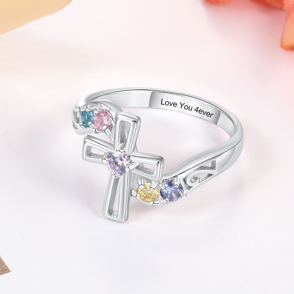 Sterling Silver Cross Birthstone Name Ring