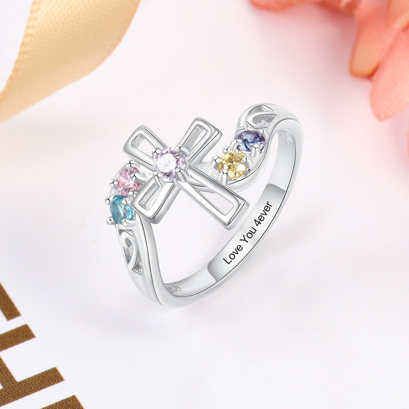 Sterling Silver Cross Birthstone Name Ring