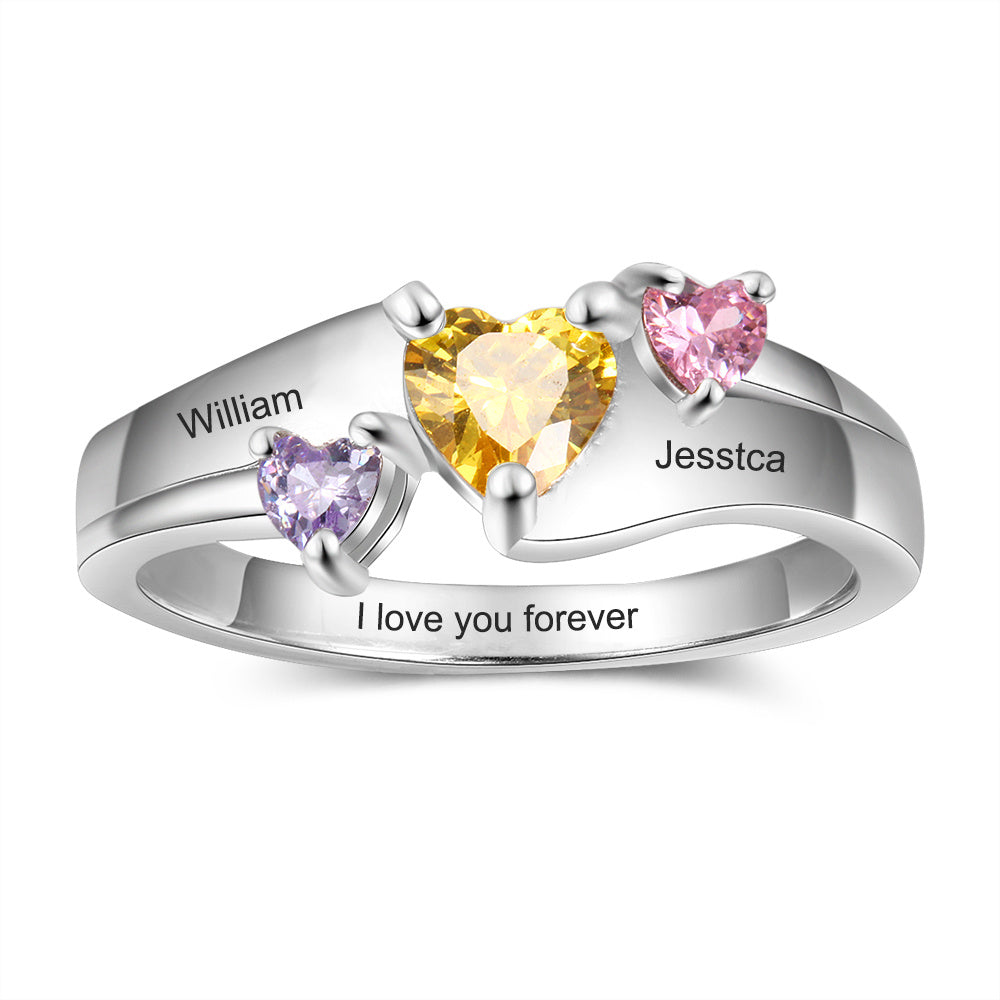 Sterling Silver Three Heart Birthstone Name Ring
