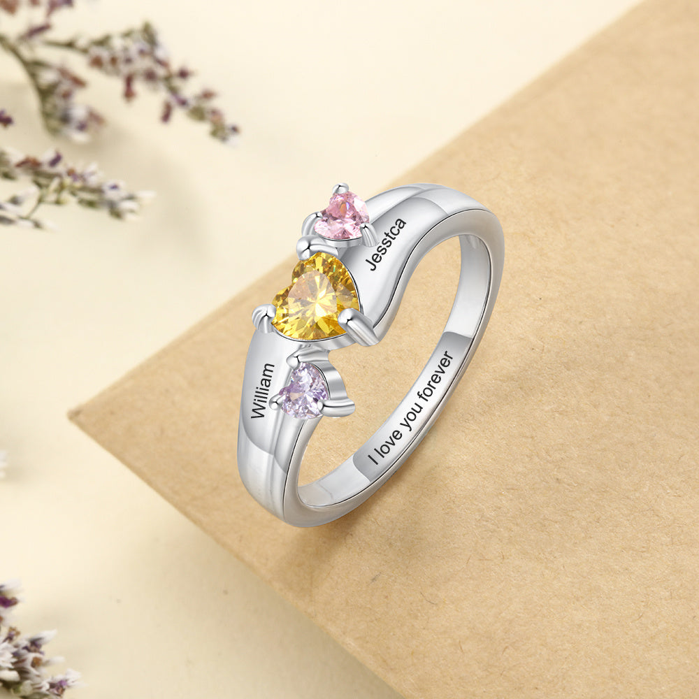 Sterling Silver Three Heart Birthstone Name Ring