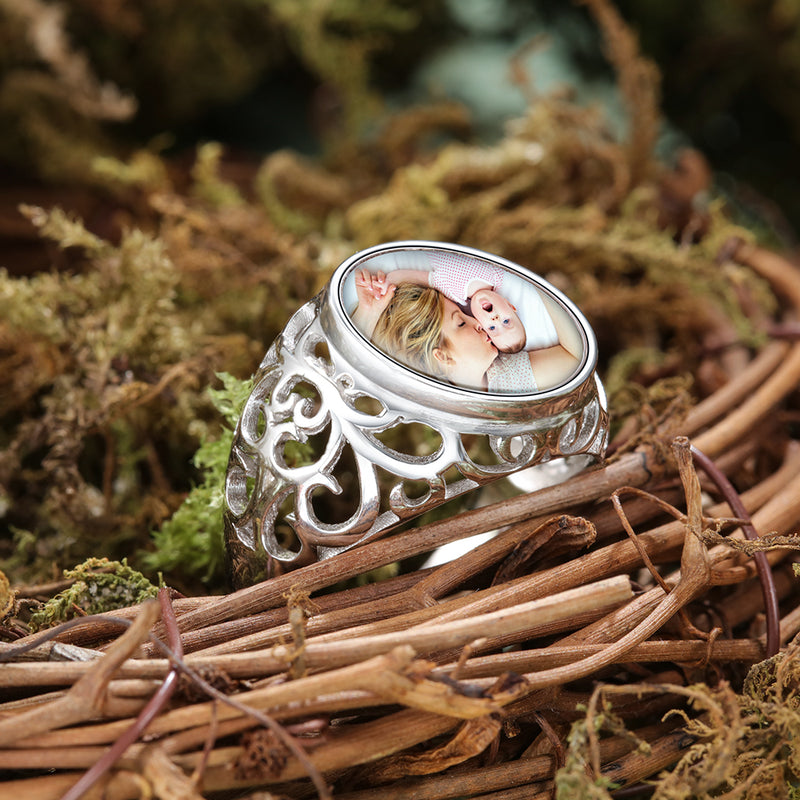 Personalized Oval Photo Filigree Ring